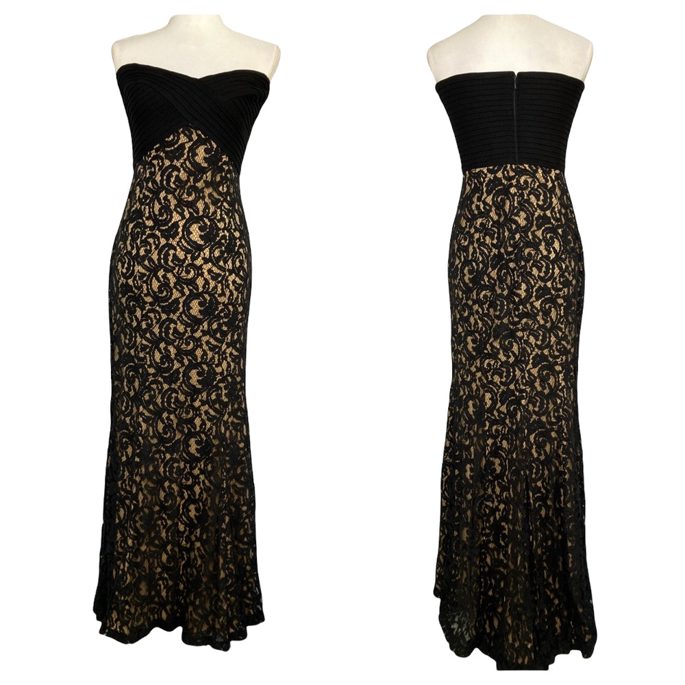Tadashi Shoji Black & Tan Sweetheart Strapless Lace Maxi Fishtail Gown Dress 8